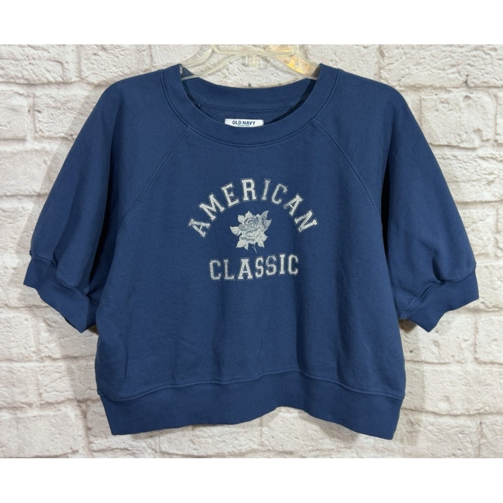 Old Navy SoComfy Terry Blue American Classic Rose Cropped Sweatshirt Large Cozy